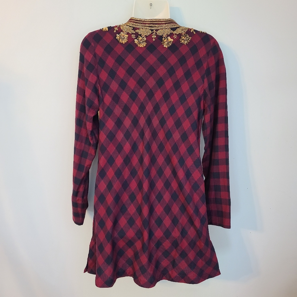 Soft Surroundings Webster Tunic Top Women S Red Burgundy Plaid Embellished Gypsy - Picture 3 of 16
